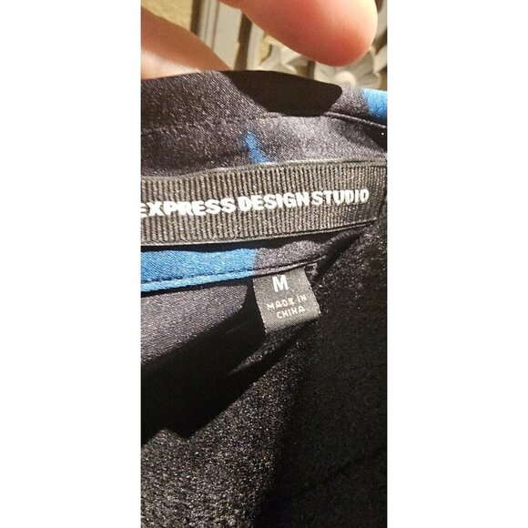 Express Design Studio Black & Blue Abstract Print Silk Blend Dress Medium W/ Ruf - Picture 3 of 6